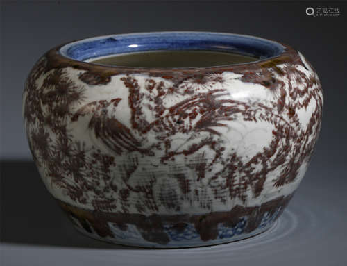 A CHINESE PORCELAIN BLUE AND WHITE UNDERGLAZED RED PHOENIX BRUSH WASHER