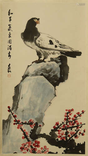 CHINESE PAINTED SCROLLL OF EAGLE ON ROCK BY MAO HE