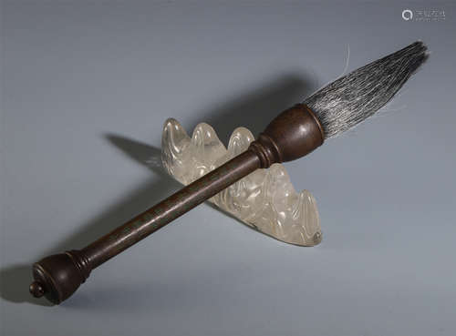 A CHINESE AGALWOOD CARVED POEMS BRUSH WITH CRYSTAL BRUSH HOLDER