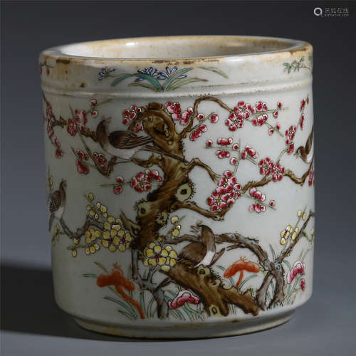 A CHINESE FAMILLE ROSE FLOWER AND BIRD BRUSH POT