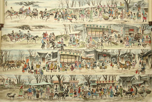 CHINESE HAND SCROLL PAINTING OF FIGURES BY HUANG ZHOU