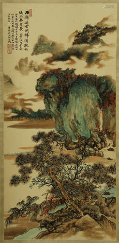 CHINESE PAINTED SCROLLL OF MOUNTAIN VIEWS WITH CALLIGRAPHY BY WU HUFAN