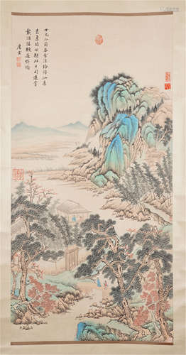 CHINESE PAINTED SCROLLL OF MOUNTAIN WITH CALLIGRAPHY BY TANG YIN