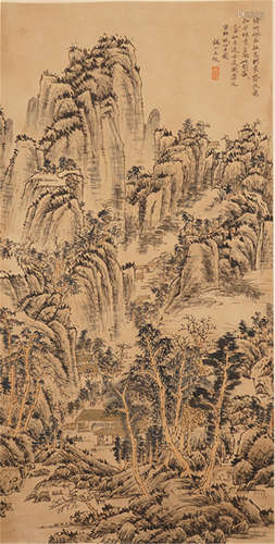 CHINESE PAINTED SCROLLL OF MOUNTAIN WITH CALLIGRAPHY BY WANG FU