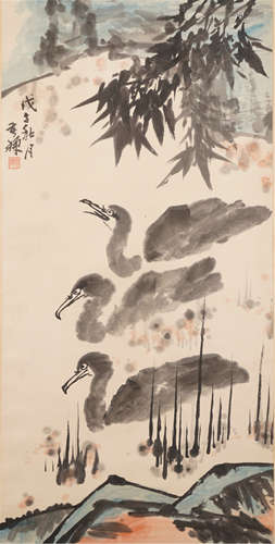 CHINESE PAINTED SCROLLL OF TRIPLE BIRD BY LI KUCHAN