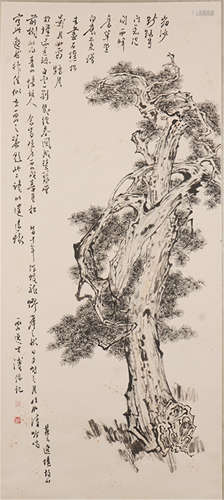 CHINESE PAINTED SCROLLL OF PINE ON ROCK WITH CALLIGRAPHY BY PU RU