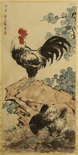 CHINESE PAINTED SCROLLL OF ROOSTER ON ROCK SIGNED BY XU BEIHONG