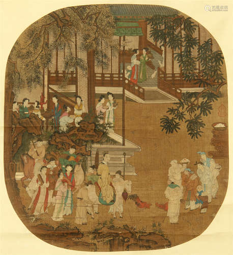 CHINESE PAINTED SCROLLL OF BEAUTY FIGURES IN GARDEN BY YI MING