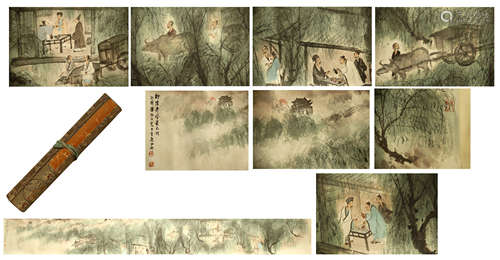 CHINESE HAND SCROLL PAINTING OF SCHOLARS UNDER THE WILLOWS BY FU BAOSHI