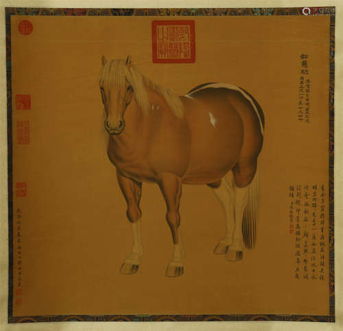 CHINESE PAINTED SCROLLL OF HORSE WITH CALLIGRAPHY BY LANG SHINING