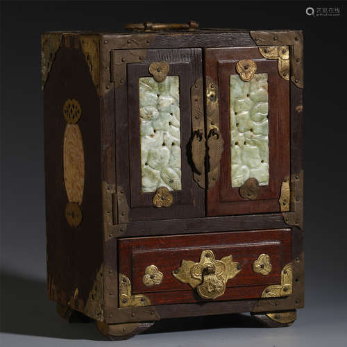 A CHINESE INLAID GOLD AND GEM STONE WOODEN CABINET