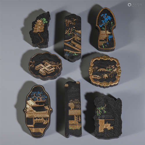 A SET OF EIGHT CHINESE LANDSCAPE VIEWS GRAPHITE PLAQUE