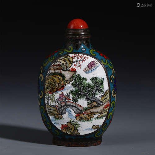 A CHINESE CLOISONNE LANDSCAPE AND FIGURES SNUFF BOTTLE