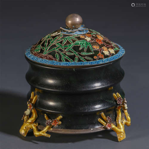 A CHINESE FLOWER JADE INLAID SILVER INCENSE BURNER