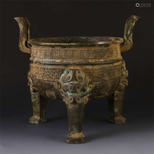 A CHINESE BRONZE DOUBLE HANDLE TRIPLE FEET CENSER