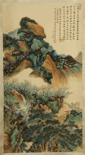 CHINESE PAINTED SCROLLL OF LANDSCAPE WITH CALLIGRAPHY BY WU HUFAN