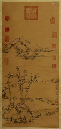 CHINESE PAINTED SCROLLL OF LANDSCAPE SIGNED BY LIN YUN