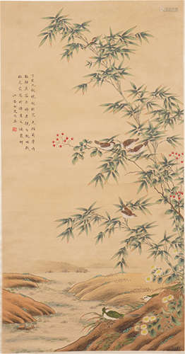 CHINESE PAINTED SCROLLL OF BIRD WITH CALLIGRAPHY BY MA QUAN