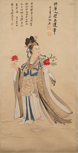 CHINESE PAINTED SCROLLL OF BEAUTIE FIGURES WITH CALLIGRAPHY BY ZHANG DAQIAN