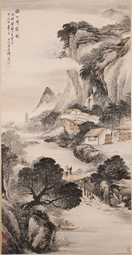 CHINESE PAINTED SCROLLL OF MOUNTAIN WITH CALLIGRAPHY BY WU SHIXIAN