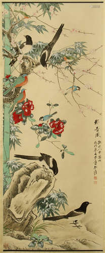 CHINESE PAINTED SCROLLL OF MAGPIES PLUM FLOWER BY ZHANG DAQIAN