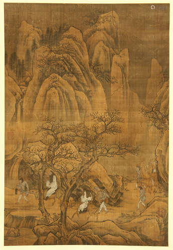 CHINESE PAINTED SCROLLL OF FIGURES IN MOUNTAIN BY YI MING