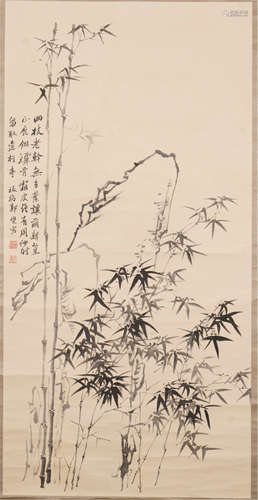 CHINESE PAINTED SCROLLL OF BAMBOOS WITH CALLIGRAPHY BY ZHENG BANQIAO