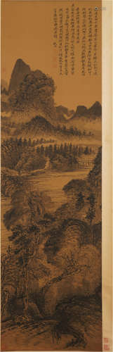 CHINESE PAINTED SCROLLL OF MOUNTAIN WITH CALLIGRAPHY BY SHI TAO