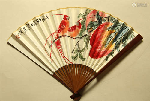 CHINESE PAINTED SCROLLL FAN DOUBLE BIRD AND FLOWER BY QI BAISHI