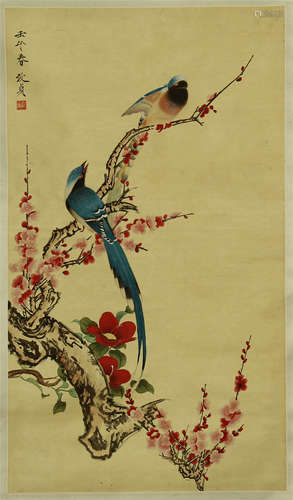 CHINESE PAINTED SCROLLL OF MAGPIES ON PLUM FLOWER SIGNED BY YU ZHIZHEN