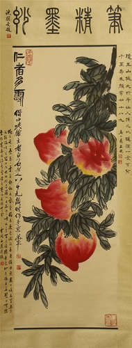 CHINESE PAINTED SCROLLL OF PEACHES WITH CALLIGRAPHY BY QI BAISHI