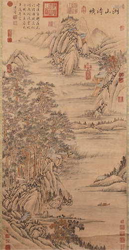 CHINESE PAINTED SCROLLL OF MOUNTAIN VIEWS WITH CALLIGRAPHY BY HUANG GONGWANG