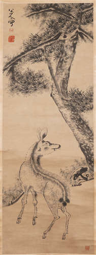 CHINESE PAINTED SCROLLL OF DEER UNDER PINE SIGNED BY BADA SHANREN