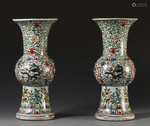 PAIR OF CHINESE DRAGON PRINTED FLOWER GU VASE