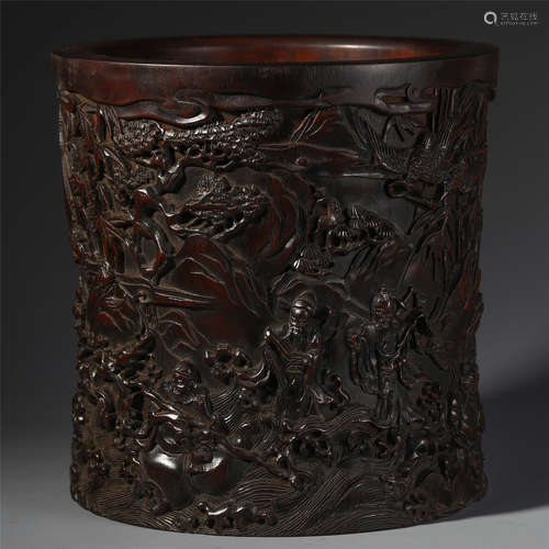 A CHINESE CARVED EIGHT IMMORTALS ON OCEAN ZITAN BRUSH POT