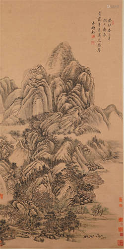 CHINESE PAINTED SCROLLL OF MOUNTAIN VIEWS WITH CALLIGRAPHY BY WANG SHIMIN