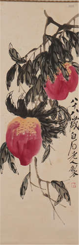 CHINESE PAINTED SCROLLL OF PEACHES BY QI BAISHI