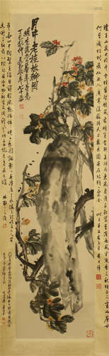 CHINESE PAINTED SCROLLL OF FLOWER ON ROCK WITH CALLIGRAPHY BY WU CHANGSHUO