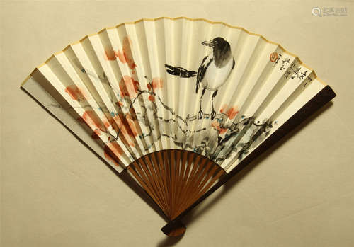 CHINESE PAINTED SCROLLL FAN OF MAGPIES PLUM FLOWER BY XU BEIHONG