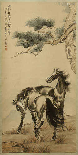 CHINESE PAINTED SCROLLL OF DOUBLE HORSES UNDER PINE BY XU BEIHONG