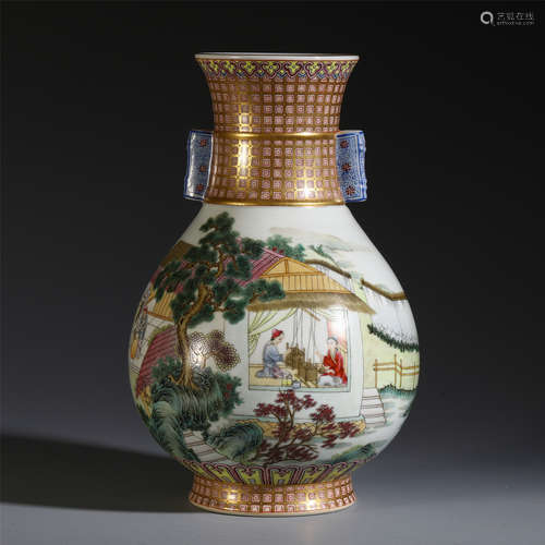 A CHINESE ENAMEL FLOWER FIGURE AND STORY ARROW VASE