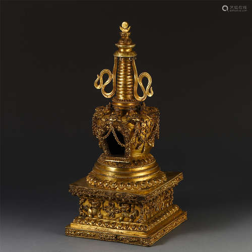 A CHINESE BEAST CARVING GILT BRONZE BUDDHIST NICHE TOWER