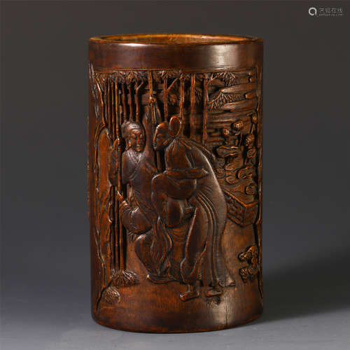 A CHINESE FOGURE STORY BAMBOOCARVING BRUSH POT