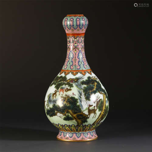 A CHINESE ENAMEL FLOWER TREE AND DEER LANDSCAPE VASE