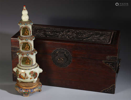 A CHINESE FOUR LAYERS GOLD AND GEM STONE INLAID JADE NICHE