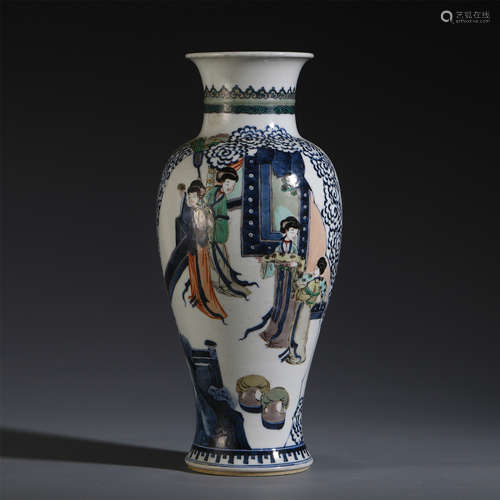 A CHINESE PORCELAIN BLUE AND WHITE WUCAI FIGURES AND STORY VASE