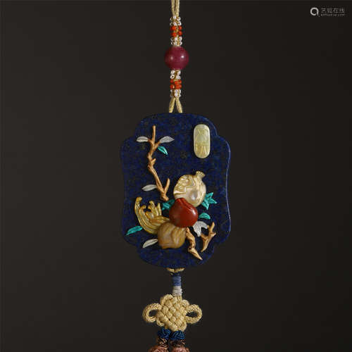 A CHINESE LAPIS INLAID GEM STONE LAQUE PENDANT