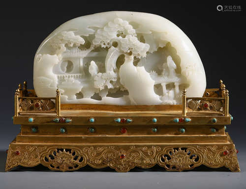 A CHINESE JADE CARVED FIGURE AND LANDSCAPE TABLE ITEM WITH GILT BRONZE STAND