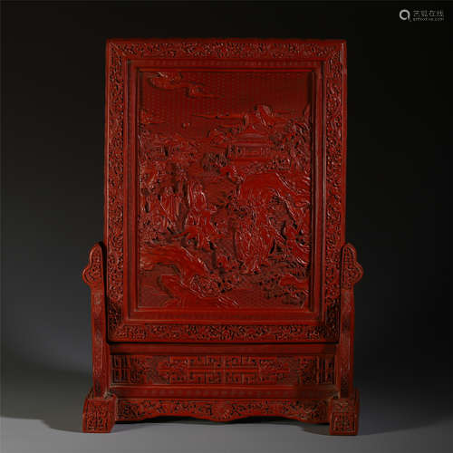 A CHINESE CINNABAR FIGURE AND STORY TABLE SCREEN