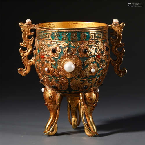 A CHINESE GILT BRONZE INLAID GEM STONE AND PEARL TRIPLE FEET CUP